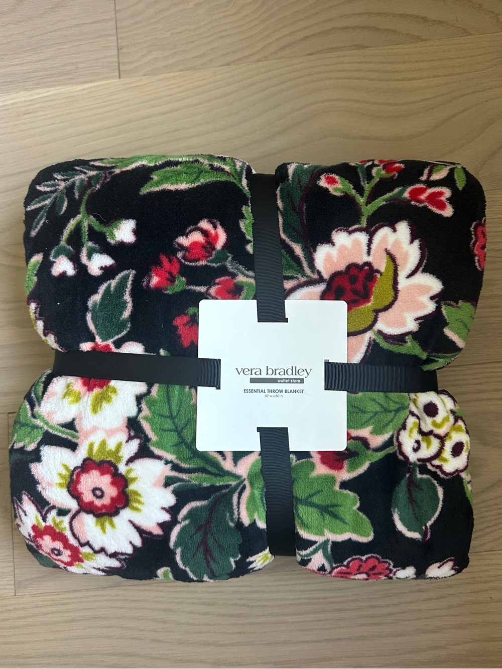 Vera Bradley Black Floral Plush Fleece Throw Blanket - Hidden Hearts - 50x80